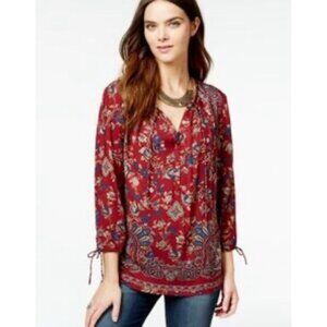 Lucky Brand Women's Blouse XL Dark Red Boho Paisley Print Rayon Peasant